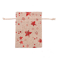 Star Christmas Theme Linenette Drawstring Bags, Rectangle, Star Pattern, 18x13cm