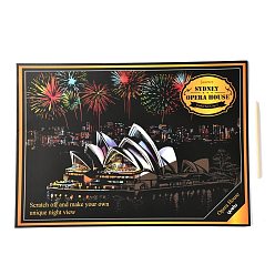 Autres Papier d'art peinture arc-en-ciel à gratter, bricolage vue nocturne de la ville, avec du papier cartonné et des bâtons, Opéra, Sydney, 40.5x28.4x0.05 cm