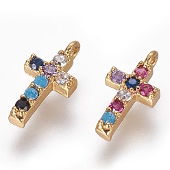 Colorful Brass Micro Pave Cubic Zirconia Tiny Cross Charms, Golden, Colorful, 10x4.5x2mm, Hole: 1mm