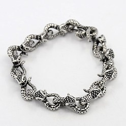 Antique Silver Fashionable Retro Jewelry 304 Stainless Steel Snake Bracelets for Men, with Clasps, Antique Silver, 9 inch(230mm): 9x10mm