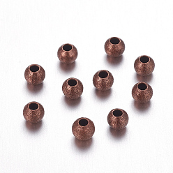 Red Copper Brass Textured Beads, Nickel Free, Round, Red Copper Color, Size: about 4mm in diameter, hole: 1mm