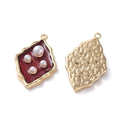 Red Enamel Pendants, with Brass Findings and Acrylic Pearl, Real 18K Gold Plated, Rhombus, Red, 19.5x12.3x4mm, Hole: 1mm