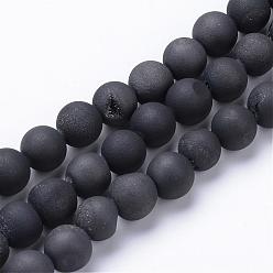 Black Plated Electroplated Natural Druzy Geode Agate Bead Strands, Matte Style, Round, Black Plated, 10~11mm, Hole: 1mm, about 37~39pcs/strand, 14.9~15.5 inch