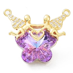 Medium Orchid Glass Pendants, Butterfly Charms, with Real 18K Gold Plated Rack Plating Brass Micro Pave Clear Cubic Zirconia Angel, Long-Lasting Plated, Cadmium Free & Lead Free, Medium Orchid, 23.5x29x12mm, Hole: 1.6mm