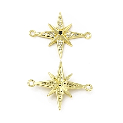 Golden Brass Micro Pave Clear & Black Cubic Zirconia Connector Charms, Star Links, Golden, 22x27x3.4mm, Hole: 1.5mm