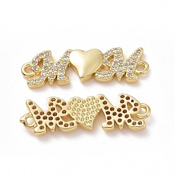 Golden Brass Micro Pave Cubic Zirconia Connector Charms, Mother's Day Links, Word M Heart M, Golden, 7.5x26x3mm, Hole: 1mm