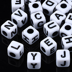 Letter Abalorios de acrílico opacos, cubo con alfabeto, letras mezcladas al azar, 8x8x8 mm, agujero: 3.5 mm, Sobre 1214 unidades / 500 g
