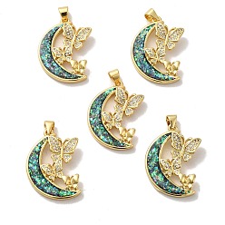 Real 18K Gold Plated Rack Plating Brass Micro Pave Cubic Zirconia with Synthetic Opal Pendants, with Jump Ring, Lead Free & Cadmium Free, Long-Lasting Plated, Moon with Butterfly, Real 18K Gold Plated, 27x19x3.8mm, Hole: 5x3.5mm