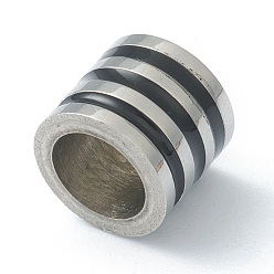 Black 304 Stainless Steel Beads, with Enamel, Column with Stripe Pattern, Stainless Steel Color, Black, 8x9.5mm, Hole: 6.5mm