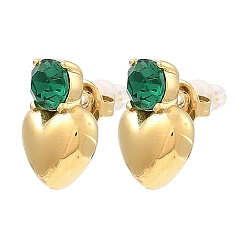 Green Glass Heart Stud Earrings, Real 18K Gold Plated 304 Stainless Steel Earrings, Green, 16x16mm