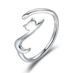 Platinum Rhodium Plated 925 Sterling Silver Cuff Finger Rings, Adjustable,  Cat, with 925 Stamp, Real Platinum Plated, 2mm