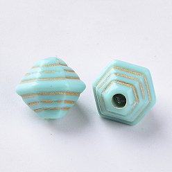 Dark Turquoise Acrylic Beads, Metal Enlaced, Plating Acrylic Beads, Golden Metal Enlaced, Bicone, Dark Turquoise, 10x11x9.5mm, Hole: 2mm, about 1250pcs/500g