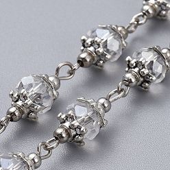 Clair Main chaînes de perles de verre, avec des chapeaux de perles en alliage de style tibétain, perles intercalaires en fer et pinces à oeil en fer, non soudée, clair, 39.37 pouce (1 m), lien: 7.5x20.5 mm, 1 m / chapelet