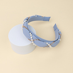 Acero Azul Claro Cintas para el pelo de tela, con perlas de plástico y cadenas de aleación, accesorios para el cabello para mujeres niñas, azul acero claro, 30 mm, diámetro interior: 140x160 mm