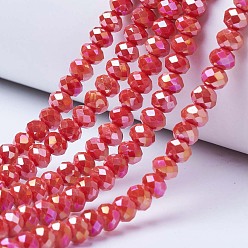 Red Electroplate Glass Beads Strands, Opaque Solid Color, AB Color Plated, Faceted, Rondelle, Red, 4x3mm, Hole: 0.4mm, about 130pcs/strand, 16.54 inch(42cm)
