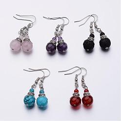 Mixed Stone Natural & Synthetic Mixed Stone Bead Dangle Earrings, with Brass Earring Hooks, Alloy and Iron Findings, Platinum, 42mm