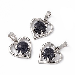 Blue Goldstone Synthetic Blue Goldstone Pendants, Heart Charms, with Platinum Tone Brass Findings, Cadmium Free & Nickel Free & Lead Free, 21.5x19.5x7.5~8mm, Hole: 7.5x5mm