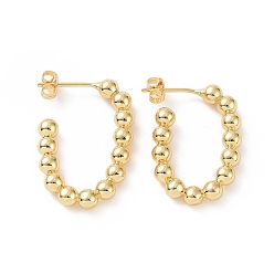 Real 18K Gold Plated Brass Beaded Oval Stud Earrings, Half Hoop Earrings for Women, Real 18K Gold Plated, 27x17x4mm, Pin: 0.8mm