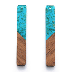 Turquoise Moyen Grands pendentifs en résine transparente et bois de noyer, une feuille d'or, charme rectangle, turquoise moyen, 51.5x7.5x3mm, Trou: 1.8mm