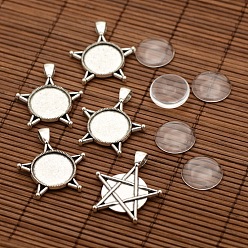 Antique Silver Tibetan Style Alloy Pendant Cabochon Bezel Settings, Star and Transparent Flat Round Glass Cabochons, Antique Silver, Tray: 20mm, 40x34x3mm, Hole: 5mm, Glass Cabochons: 20x5.5mm