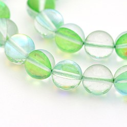 Vert Clair Brins de perles de lune synthétiques rondes, perles holographiques, teint, vert clair, 8mm, Trou: 1mm, Environ 45~47 pcs/chapelet, 14~15 pouce
