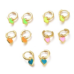 Mixed Color Brass Enamel Huggie Hoop Earrings, Long-Lasting Plated, Lead Free & Cadmium Free, Heart, Real 18K Gold Plated, Mixed Color, 19mm, Pin: 1mm