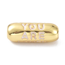 White Eco-Friendly Brass Enamel Beads, Long-Lasting Plated, Real 18K Gold Plated, Oval with Word You Are, White, 17.5x7mm, Hole: 3mm