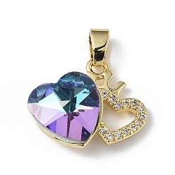 Medium Purple Real 18K Gold Plated Rack Plating Brass Micro Pave Clear Cubic Zirconia Pendants, with Glass, Long-Lasting Plated, Cadmium Free & Lead Free, Heart Charm, Medium Purple, 16x19.5x8mm, Hole: 5x3.2mm