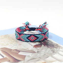 Bleu Nuit Bracelet cordon polyester tressé motif losange, bracelet brésilien réglable ethnique tribal pour femme, bleu minuit, 5-7/8 pouce (15 cm)