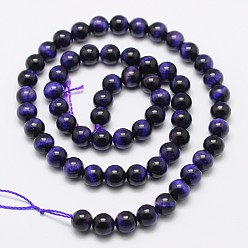 Midnight Blue Natural Purple Tiger Eye Round Bead Strands, Dyed & Heated, Midnight Blue, 4mm, Hole: 1mm, about 90pcs/strand, 15.6 inch