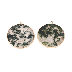 Agate Mousse Naturelles agate pendentifs, avec les accessoires en laiton, plat rond, or, 32~34x28.5~31x2mm, Trou: 1.6mm