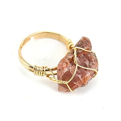 Ágata Roja Anillos ajustables de pepita de cornalina natural, anillo envolvente de alambre de cobre dorado, diámetro interior: 19 mm