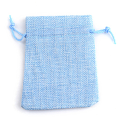 Bleu Ciel Clair Sacs en polyester imitation toile de jute sacs à cordon, pour noël, fête de mariage et emballage de bricolage, lumière bleu ciel, 14x10 cm