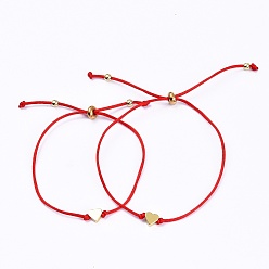 Red Mother's Day Jewelry, Mother and Daughter Adjustable Nylon Thread Slider Bracelets Sets, with Brass Beads, Heart, Golden, Red, Inner Diameter: 2-1/2~3-1/4 inch(6.25~8.3cm), 2pcs/set