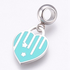 Cyan 304 Stainless Steel European Dangle Charms, Large Hole Pendants, with Enamel, Heart with Star, Stainless Steel Color, Cyan, 27mm, Hole: 4mm, Pendant: 17.5x13x1mm