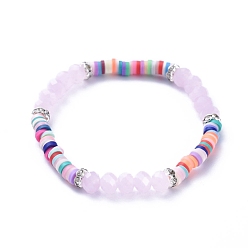 Misty Rose Kids Stretch Bracelets, with Polymer Clay Heishi Beads, Faceted Glass Beads and Brass Rhinestone Beads, Misty Rose, Inner Diameter: 1-7/8 inch(4.7cm)