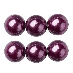 Dark Violet Eco-Friendly Glass Pearl Beads Strands, Grade A, Round, Dyed, Cotton Cord Threaded, Dark Violet, 14mm, Hole: 1.2~1.5mm, about 30pcs/strand, 15.7 inch