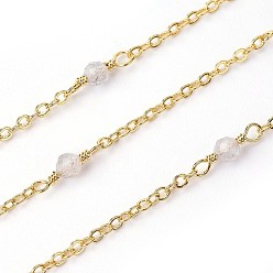Labradorite Handmade Natural Labradorite Beaded Chains, Soldered, with Brass Findings, Real 18K Gold Plated, Long-Lasting Plated, with Spool, 3mm, about 32.8 Feet(10m)/roll