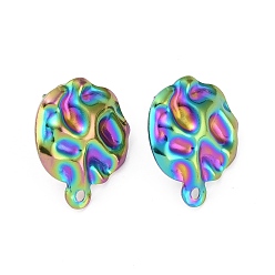 Rainbow Color Ion Plating(IP) 304 Stainless Steel Stud Earring Finding, with Horizontal Loops, Textured Oval, Rainbow Color, 23.5x19.5mm, Hole: 1.6mm, Pin: 0.9mm