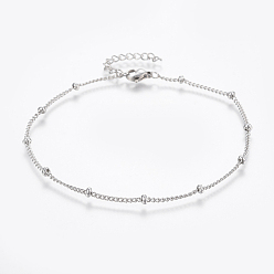 Stainless Steel Color 304 Stainless Steel Anklets, with Lobster Claw Clasps, Round Beads and Twist Chain, Stainless Steel Color, 9 inch(230mm), 1.5mm
