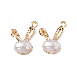 Oro Colgantes de perlas de imitación de plástico abs, con fornituras de aleación, encanto de cabeza de conejo, dorado, 19x15x5 mm, agujero: 1.6 mm