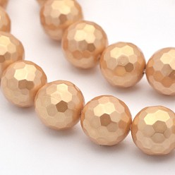 PeachPuff Round Shell Pearl Bead Strands, Faceted, PeachPuff, 10mm, Hole: 1mm, about 40pcs/strand, 15.7 inch