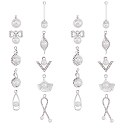 Platinum SUNNYCLUE Alloy Pendants, with ABS Plastic Imitation Pearl Beads, Rhinestones and Plastic Imitation Pearl Pendants, Mixed Shapes, Platinum, 20pcs/box