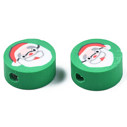 Sea Green Handmade Polymer Clay Beads, Christmas Style, Flat Round with Father Christmas, Sea Green, 9x4~4.5mm, Hole: 1.6mm