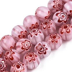 Flamingo Handmade Millefiori Glass Beads Strands, Round, Flamingo, 10mm, Hole: 1.2mm, about 36~38pcs/strand, 13.78 inch~14.88 inch(35cm~37.8cm)