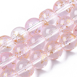 Pink Transparent Spray Painted Glass Bead Strands, with Golden Foil, Round, Pink, 8~9mm, Hole: 1.2~1.5mm, about 46~56pcs/Strand, 14.37 inch~16.3 inch(36.5~41.4cm)