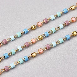 Pale Turquoise Handmade Glass Seed Beaded Chains, with Stainless Steel Cable Chains, Unwelded, with Spool, Golden, Pale Turquoise, 1~2x0.9~1.5mm, about 26.24 Feet(8m)/roll
