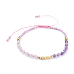 Pink Bracelets de perles de nylon tressés réglables, avec quartz rose naturel et perles d'améthy, perles de rocaille en verre et perles en laiton, rose, diamètre intérieur: 2-1/4 pouces ~ 3 pouces (5.8~7.5 cm)