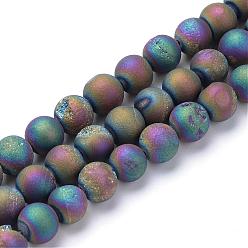 Multi-color Plated Electroplated Natural Druzy Geode Agate Bead Strands, Matte Style, Round, Multi-color Plated, 10~11mm, Hole: 1mm, about 37~39pcs/strand, 14.9~15.5 inch