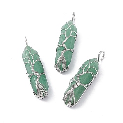 Green Aventurine Natural Green Aventurine Copper Wire Wrapped Pendants, Faceted Bullet Charms, Platinum, 49x14.5x11.5mm, Hole: 5mm